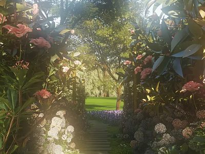 Serene Garden With Sunlit Stone Pathway Pink Roses White Hydrangeas And Lush Green Trees 3d model
