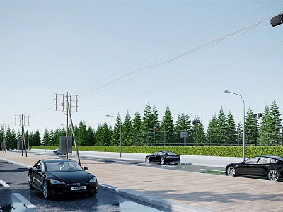 Urban Road Infrastructure With Street Lights Utility Poles Trees And Cars On Lanes 3d model
