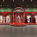 Museum Exhibition Hall Featuring Red Display Stands Mannequins Glass Cases And Bright Lighting