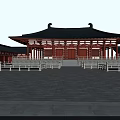 Traditional Chinese Ancient Architecture with Classic Black Roof Wooden Columns and Front Stone Plaza