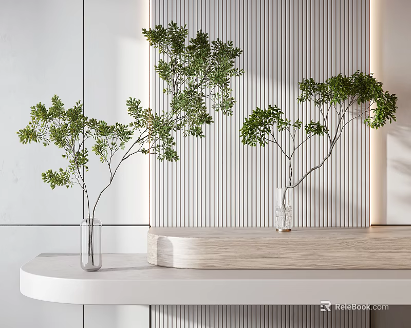 Transparent Glass Vases with Green Branches on Light Wooden White Shelf Against Vertical Striped Wall 3d model 