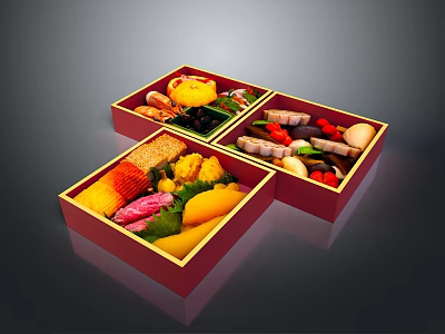 Fresh Assorted Food In Red Bordered Square Bento Box With Meat Slices Vegetables And Fruits 3d model