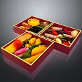 Fresh Assorted Food In Red Bordered Square Bento Box With Meat Slices Vegetables And Fruits