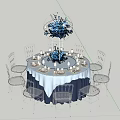 Elegant Dining Table Set Featuring White Tablecloth Navy Edge Silver Chairs And Illuminated Blue Centerpiece