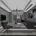 Modern Living Dining Room Interior With Gray Sofa Coffee Table TV Chandelier And Decorative Paintings