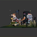 Cartoon Scene With Corgi Sitting On Green Grass Stones Buildings Wooden Box EXIT Sign Sparkles