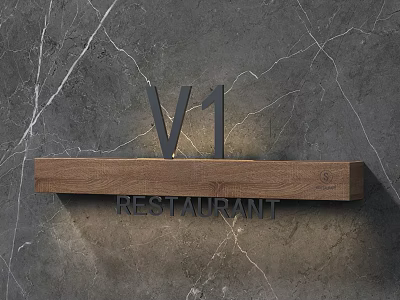 Wooden Restaurant Sign With V1 Lettering On Marble Wall Background 3d model