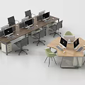Multiple Modern Office Desks with Computers and Gray Green Chairs 3d model