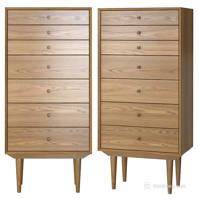 Pair of Natural Wooden Dressers with Multiple Drawers and Slender Legs 3d model 