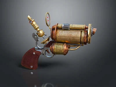 Steampunk Pistol With Brass Copper Components Wooden Grip Pressure Gauge And Gears 3d model