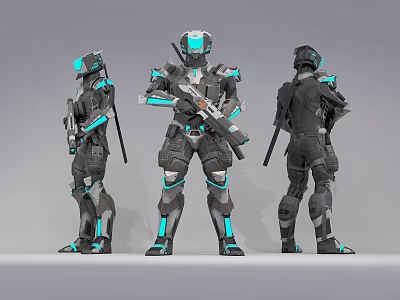 Three Angles View Of Armored Smart Machines With Weapons And Teal Accents 3d model
