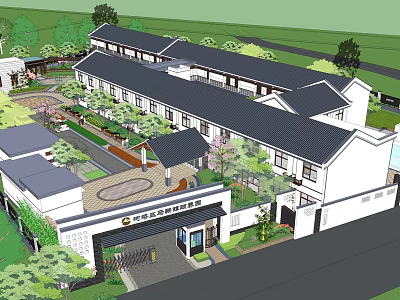 Chinese Style Building Complex With Black Tiled Roofs White Walls Courtyard Greenery And Trees 3d model