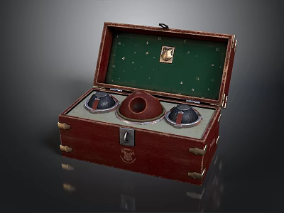 Open Wooden Case Interior With Green Lining Circular Components And Metal Corners 3d model