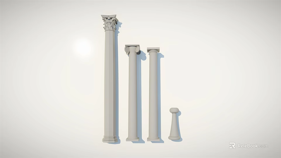 Classical Columns with Ornate Capitals in Different Heights on White Background 3d model 