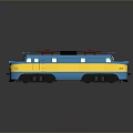 Blue and Yellow Electric Train with White Windows Red Roof Details Black Wheels and Reflection