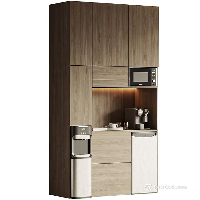 Modern Bar Counter Area Design With Wooden Cabinets Built In Microwave Coffee Machine And Lighting 3d model 