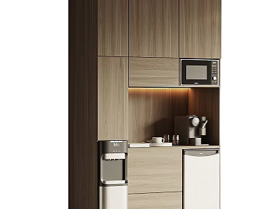 Modern Bar Counter Area Design With Wooden Cabinets Built In Microwave Coffee Machine And Lighting 3d model