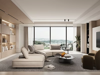 Modern Living Room With Beige Sofa Large Windows Scenic View Coffee Table And Brown Armchair 3d model