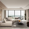 Modern Living Room With Beige Sofa Large Windows Scenic View Coffee Table And Brown Armchair