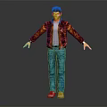 Human Character in Brown Jacket Blue Jeans White Sneakers Arms Outstretched Dark Background