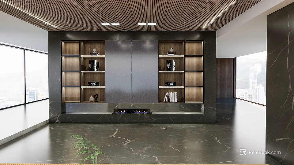 Modern Living Room Interior With Wooden Ceiling Dark Accent Wall Display Shelves Books Marble Flooring 3d model 