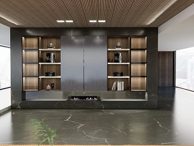 Modern Living Room Interior With Wooden Ceiling Dark Accent Wall Display Shelves Books Marble Flooring 3d model