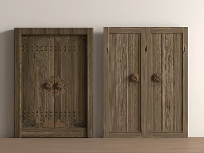 Traditional Wood Double Doors With Decorative Brass Door Knockers Classic Design And Natural Texture 3d model