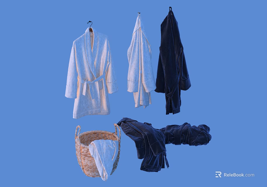 White and Black Bathrobes Hanging On Hangers With Folded Towels In Wicker Basket 3d model 