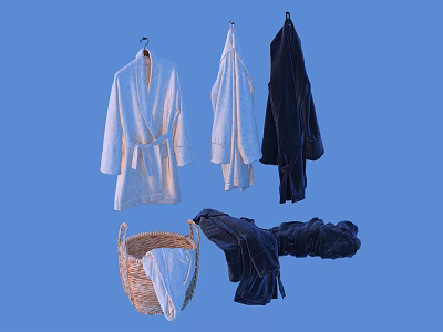 White and Black Bathrobes Hanging On Hangers With Folded Towels In Wicker Basket 3d model