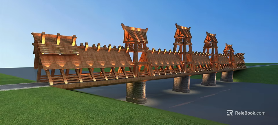 Traditional Wooden Bridge With Roofed Towers And Stone Piers Over Green Landscape And Blue Sky 3d model 