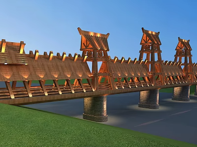 Traditional Wooden Bridge With Roofed Towers And Stone Piers Over Green Landscape And Blue Sky 3d model