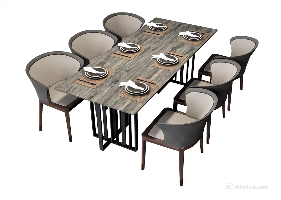 Rectangular Wooden Dining Table Set With Six Light Colored Upholstered Chairs Plates And Utensils 3d model