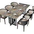 Rectangular Wooden Dining Table Set With Six Light Colored Upholstered Chairs Plates And Utensils 3d model