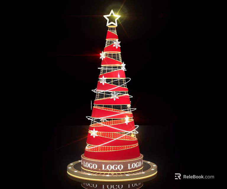 Red Arbor Decorated With Spiral Light Strings White Stars Shining Top Star And Bottom LOGO 3d model 