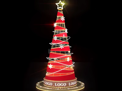 Red Arbor Decorated With Spiral Light Strings White Stars Shining Top Star And Bottom LOGO 3d model