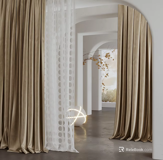 Elegant Golden Velvet Curtains With White Sheer Panels And Arched Doorway Decorative Branches 3d model 
