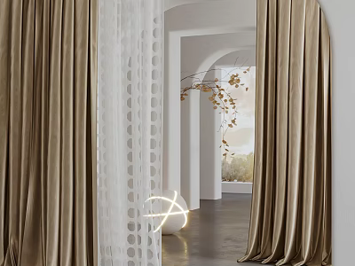 Elegant Golden Velvet Curtains With White Sheer Panels And Arched Doorway Decorative Branches 3d model