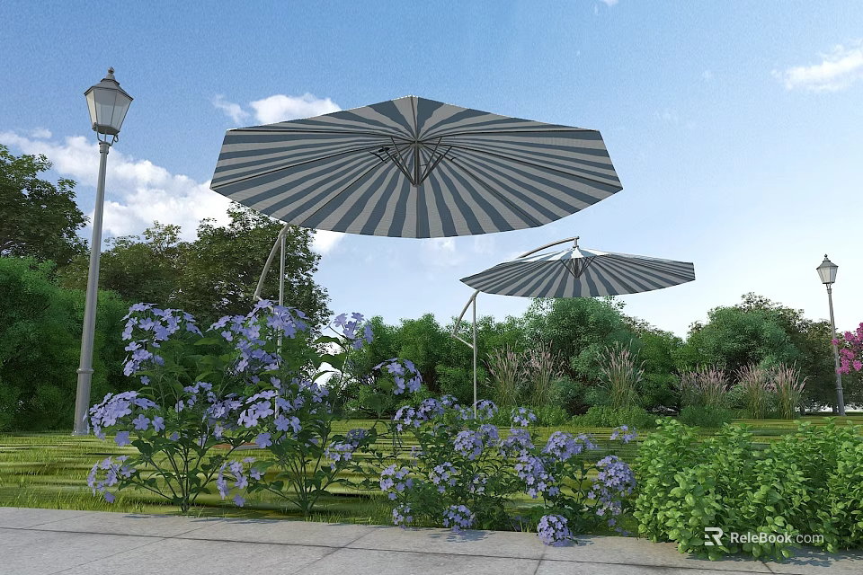 Garden Landscape With Striped Umbrellas Street Lamp Purple Flowers Green Plants And Stone Path 3d model 