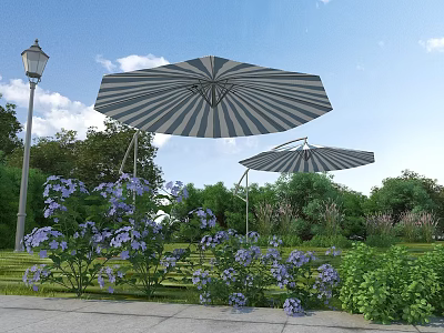 Garden Landscape With Striped Umbrellas Street Lamp Purple Flowers Green Plants And Stone Path 3d model