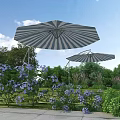 Garden Landscape With Striped Umbrellas Street Lamp Purple Flowers Green Plants And Stone Path