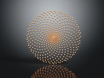 Intricate Circular Spiral Structure Made Of Golden Spheres Against Dark Background With Reflection 3d model