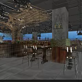 Industrial Style Restaurant Interior With Wooden Ceiling Decor Pendant Lights Bar And Dining Tables