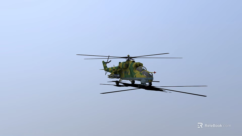 Military Helicopter In Camouflage Paint Flying With Rotors And Weapons In Clear Sky 3d model 
