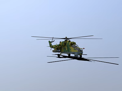Military Helicopter In Camouflage Paint Flying With Rotors And Weapons In Clear Sky 3d model