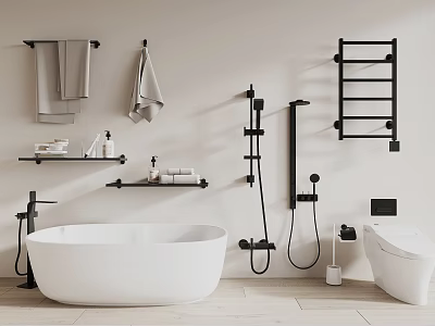 Contemporary Bathroom Ensemble Featuring White Bathtub Black Shower Toilet And Towel Shelves 3d model