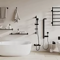 Contemporary Bathroom Ensemble Featuring White Bathtub Black Shower Toilet And Towel Shelves