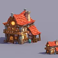 Cartoon Fairy Tale Style Wooden Houses With Red Roofs Chimney Barrels And Kettle