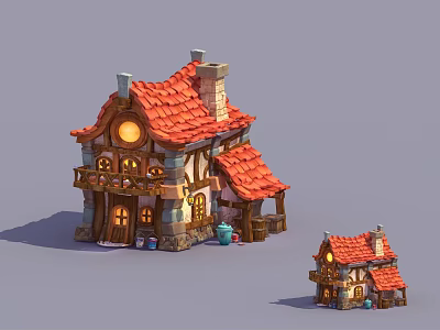 Cartoon Fairy Tale Style Wooden Houses With Red Roofs Chimney Barrels And Kettle 3d model