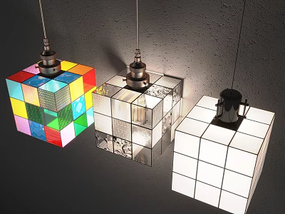 Modern Cube Shaped Pendant Lights With Colorful Clear And White Grid Glass 3d model