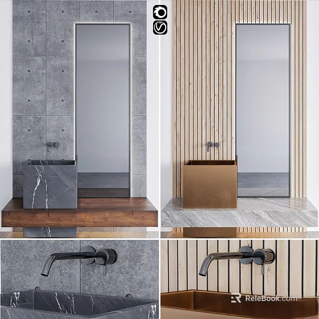 Modern Bathroom Washstand With Marble Basin Wooden Countertop Concrete Wall And Brass Faucet 3d model 